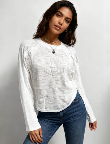 Ladies Embroidered Patch Crochet Trim Long Sleeves Top