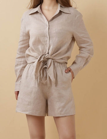 Ladies Linen Turndown Collar Button Long Sleeves Shirt & Shorts