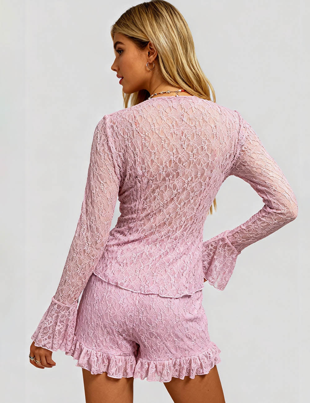 Ladies Sheer Lace Lace-Up Ruffle Blouse & Wide Leg Shorts Set