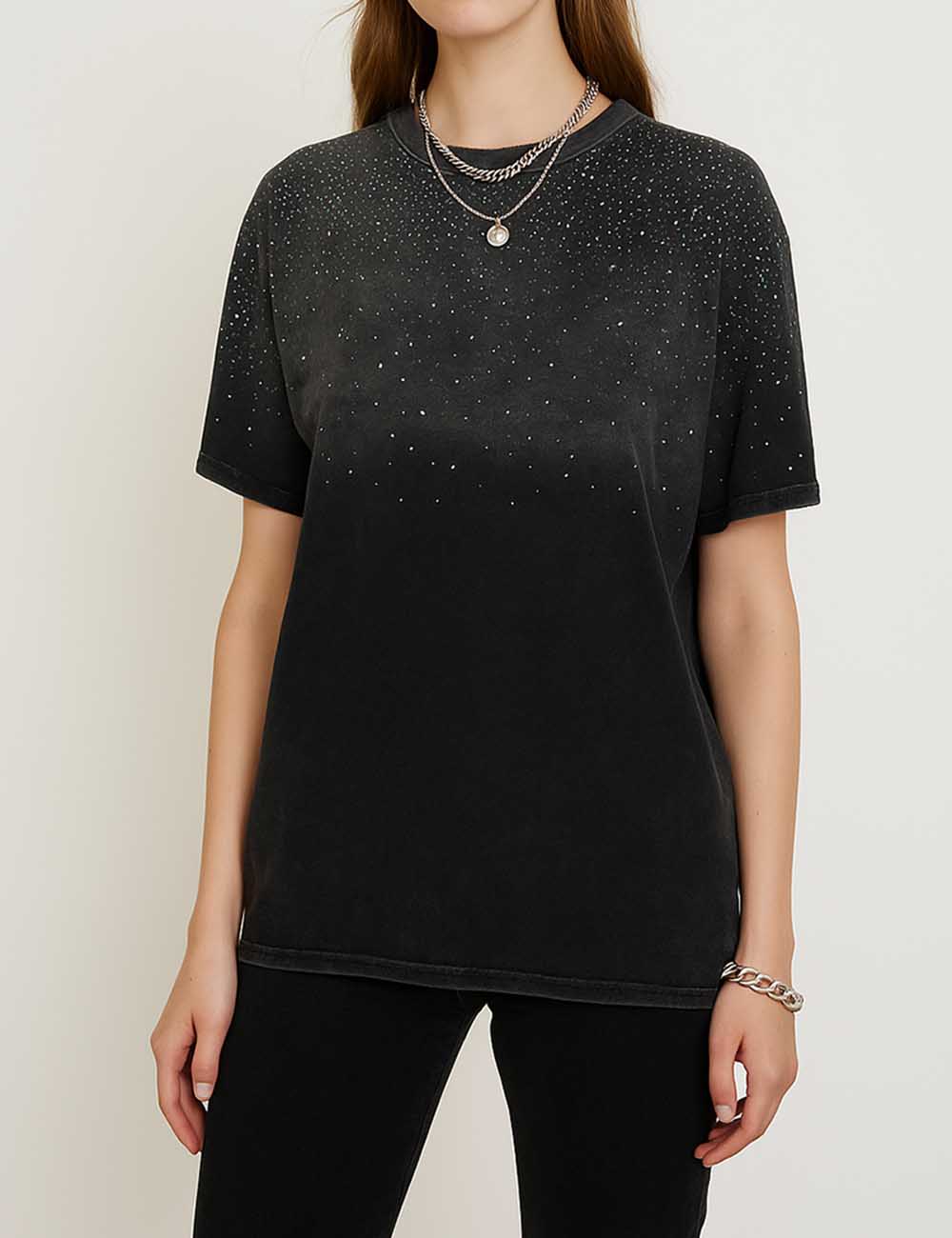 Women Cozy Sparkle Rhinestone Pullover Washed Black T-Shirt