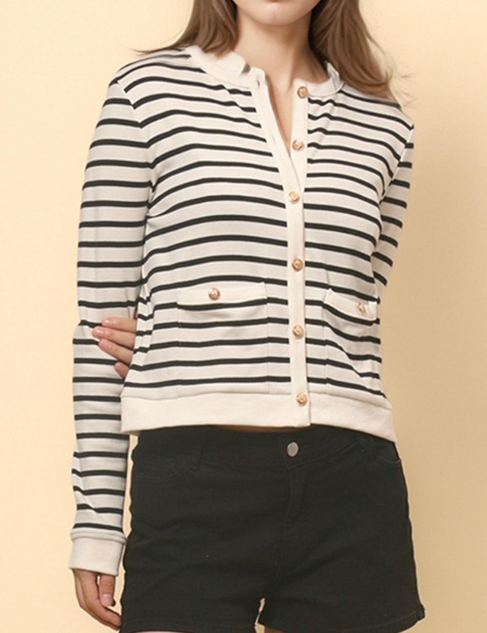 Ladies Color Block Stripe Button Down Top SKT4840