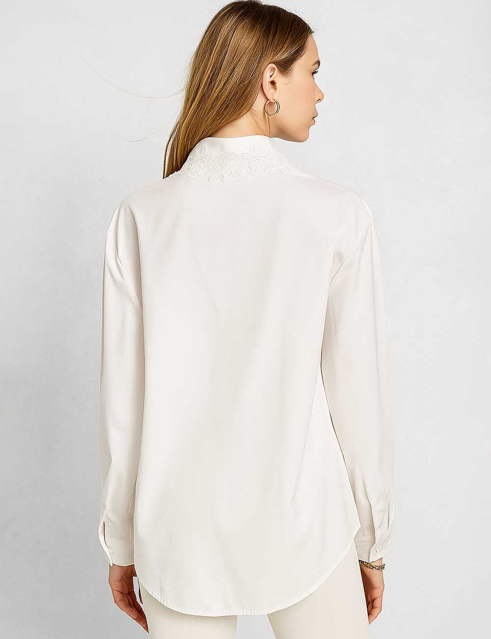 Ladies White 3D Flower Trim Button Down Shirt