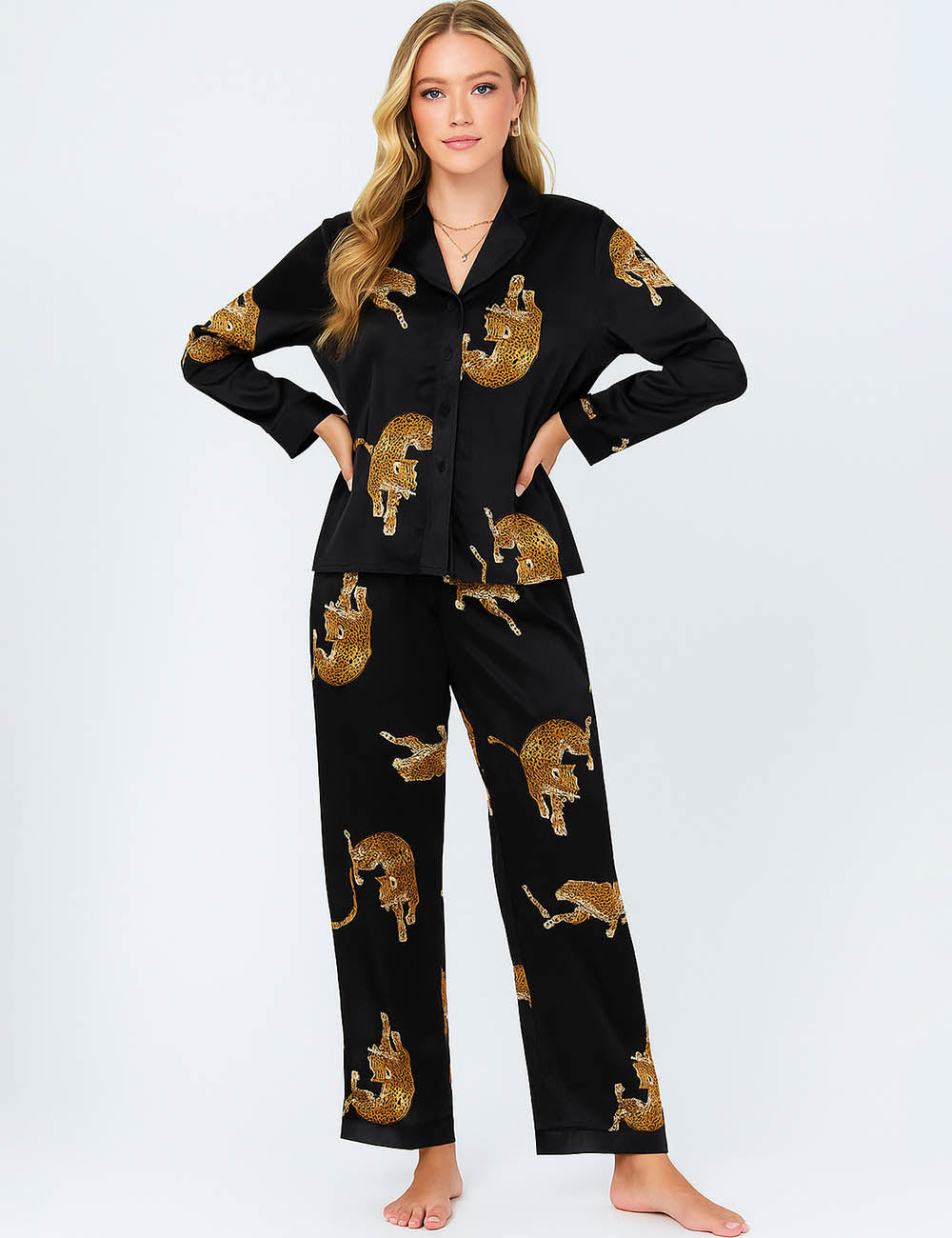 Ladies Animal Print Lounge Set Lapel Collar Shirt & Pants 2PCS Set