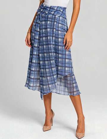 Ladies Checked Pattern Ruched Mesh Sheer Midi Skirt