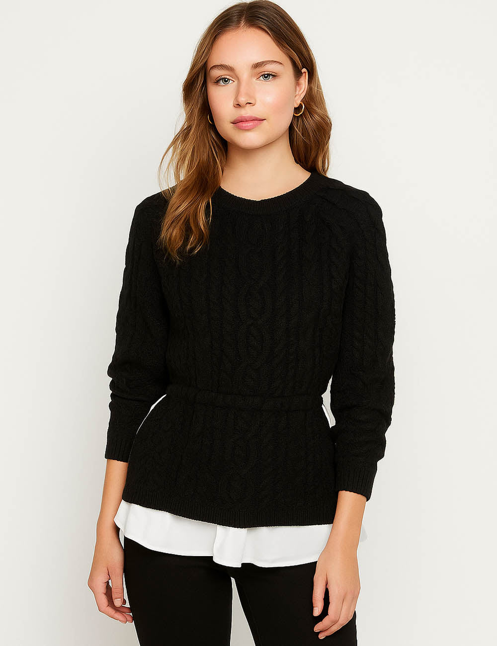 Ladies Color Block Cable Knit Fake 2PCS Sweater Top