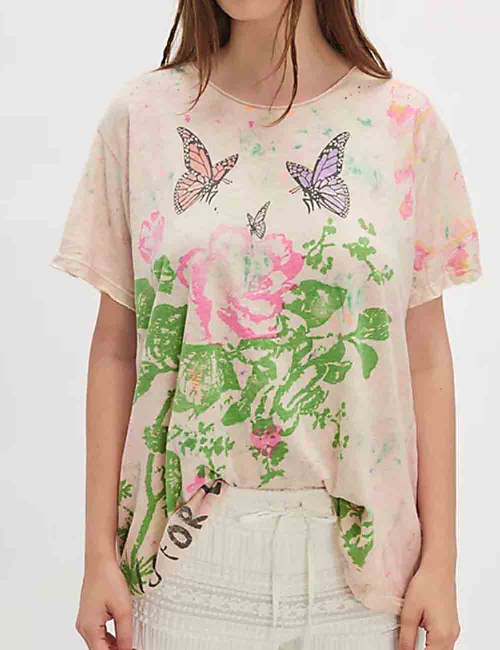 Ladies Pullover Flower Print Short Sleeves Tee