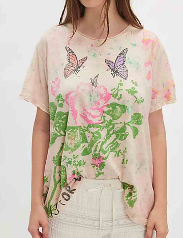 Ladies Pullover Flower Print Short Sleeves Tee