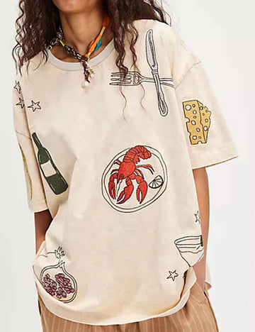 Ladies Multicolor Embroidery Crew Neck Short Sleeves T-Shirt