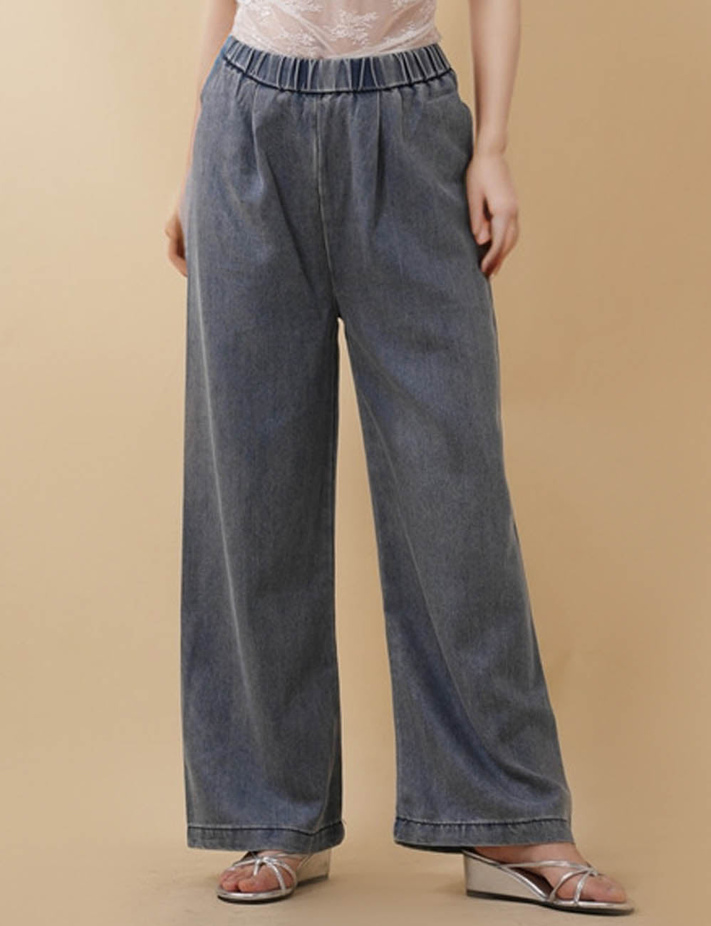 Ladies No Pocket Elastic Waist Wide Leg Denim Pants