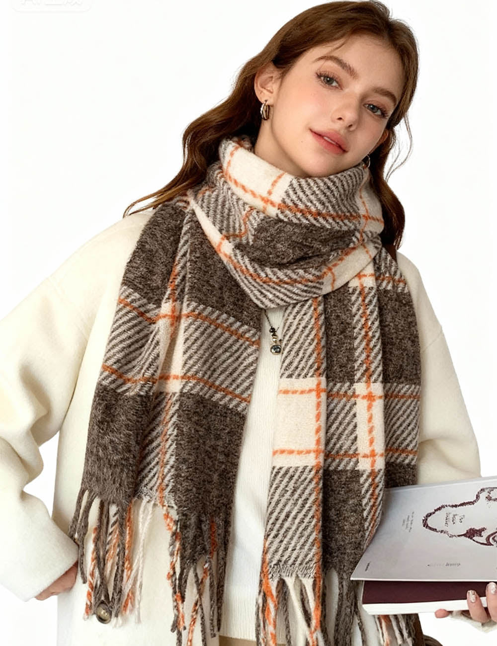 Ladies Vintage Cozy Checked Tassel Knit Scarf