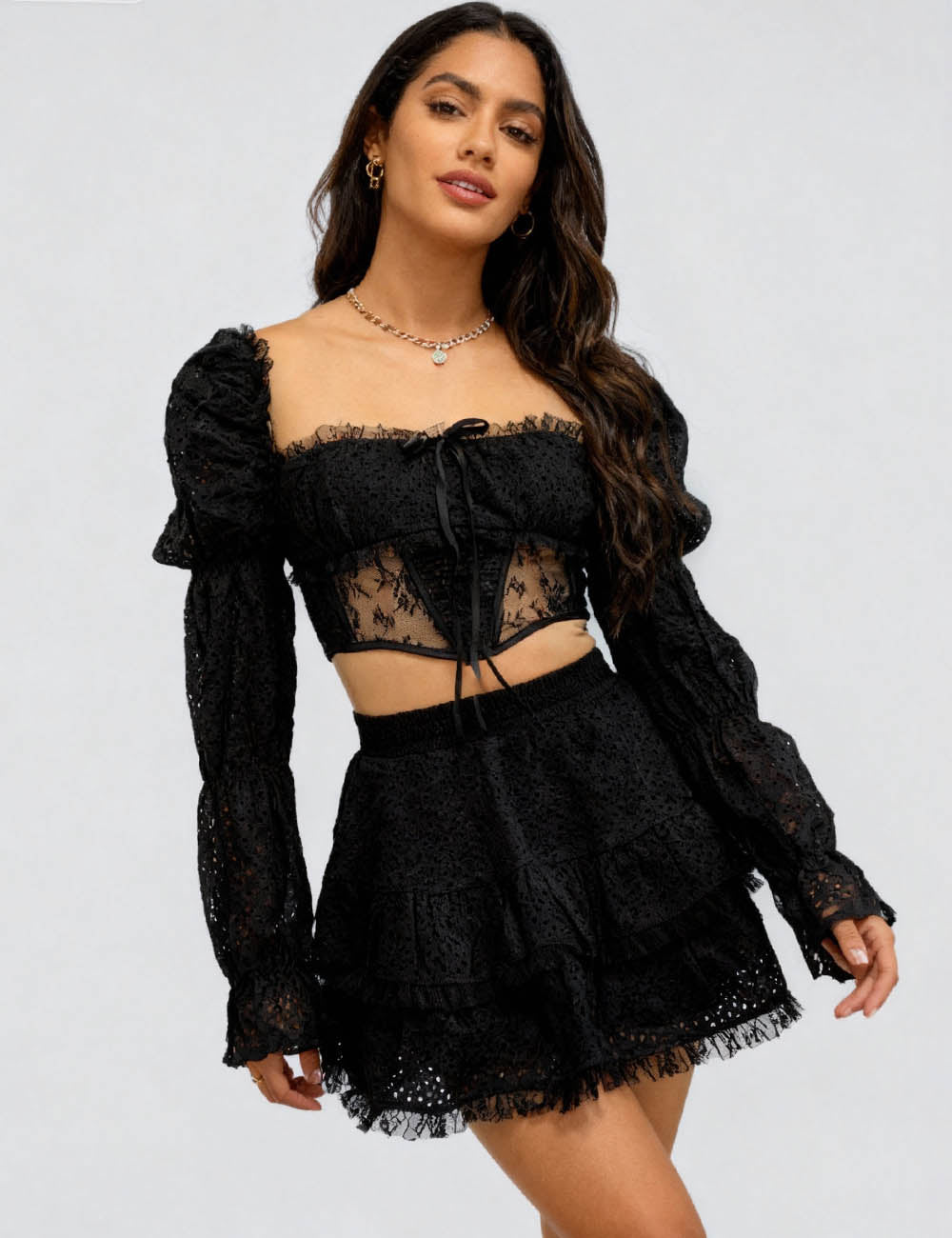 Ladies Lace Puff Sleeves Crop Top & Ruffle Mini Skirt Set