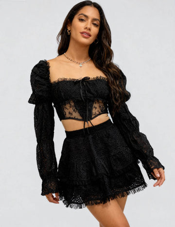 Ladies Lace Puff Sleeves Crop Top & Ruffle Mini Skirt Set