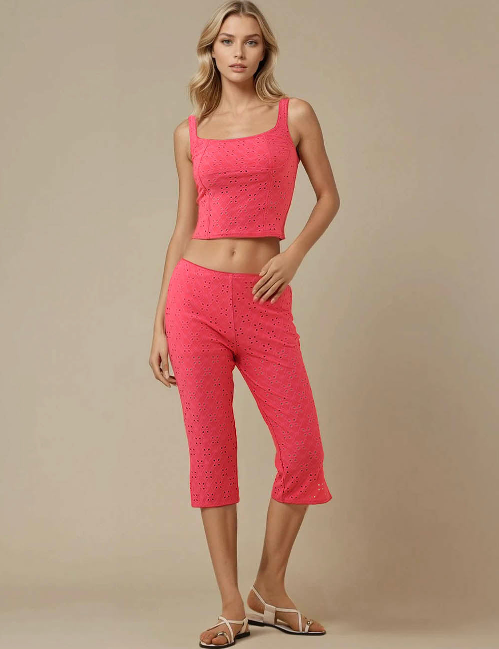 Ladies Hollow Out Mid Leg Tank Top & Shorts Set SKST5KC1802
