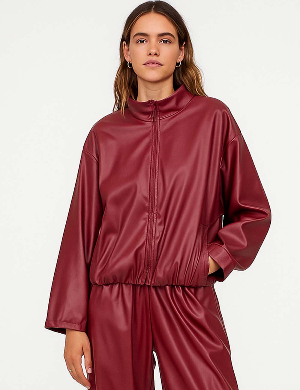 Ladies Lapel Collar Zip-Up Pocket Faux Leather Jacket