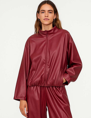 Ladies Lapel Collar Zip-Up Pocket Faux Leather Jacket