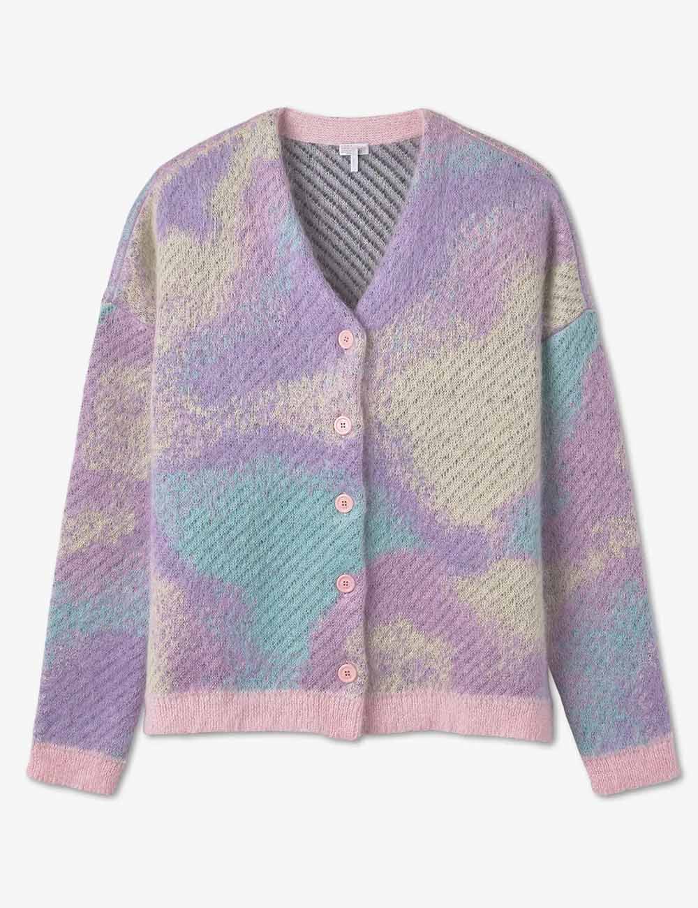 Ladies Multi Color V-Neck Long Sleeves Knit Cardigan