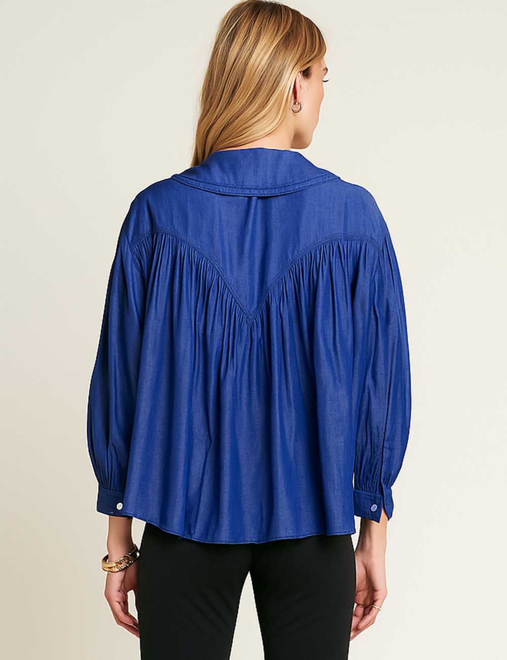 Ladies Eyelet Trim Peter Pan Collar Lantern Sleeves Blouse