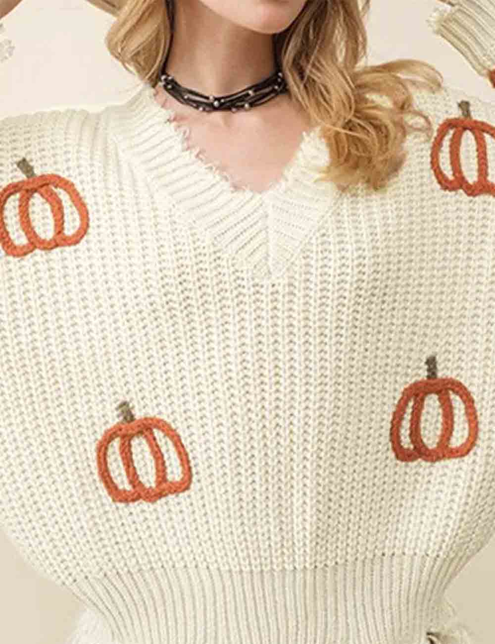 Ladies V-Neck Pumpkin Embroidery Long Sleeves Distressed Fringe Sweater