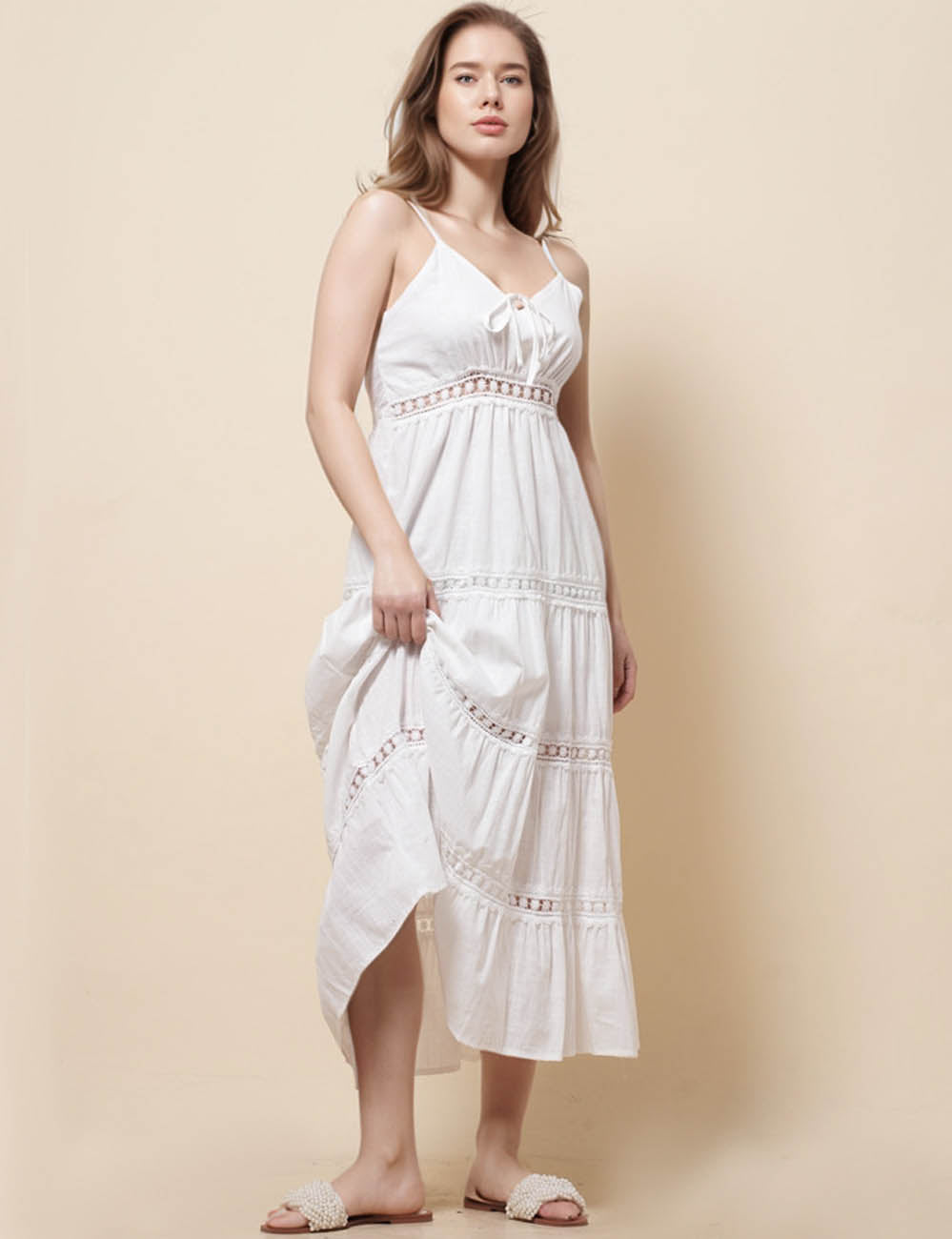 Ladies String Shoulder Hollow Out Basic Midi Dress SKD51286