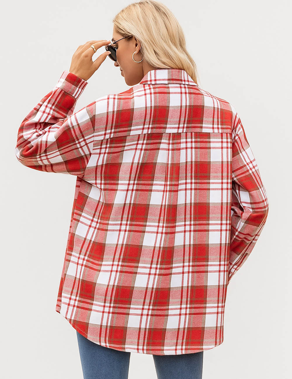 Ladies Checked Turn Down Collar Button Flap Pockets Shirts