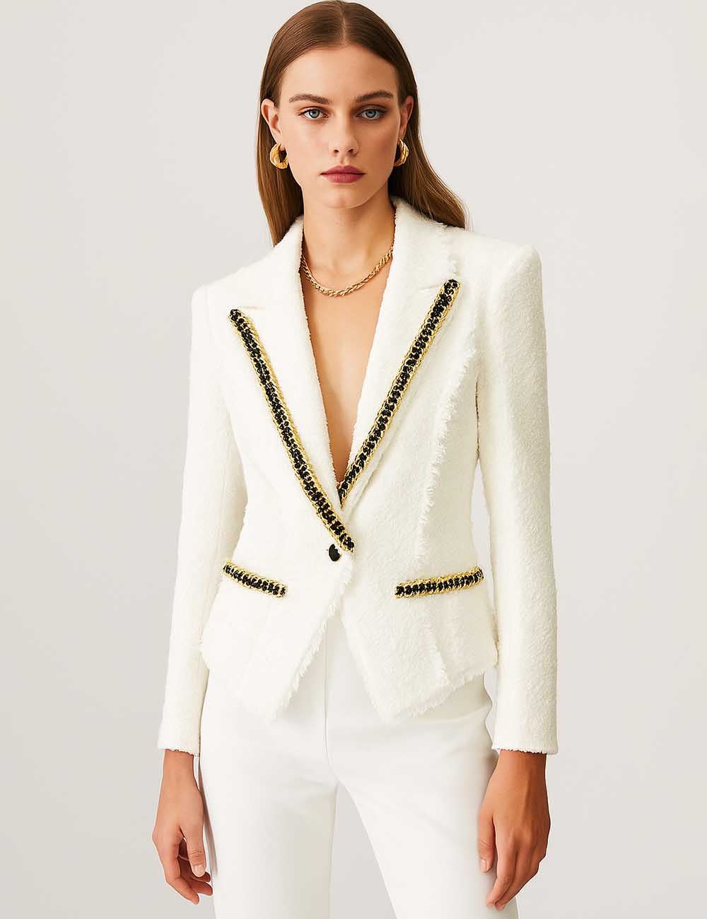 Ladies Solid Color Metal Chain One-Button Tassel Tweed Blazer