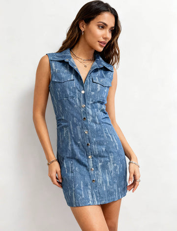 Ladies Print Shirt Collar Sleeveless Button Denim Mini Dress