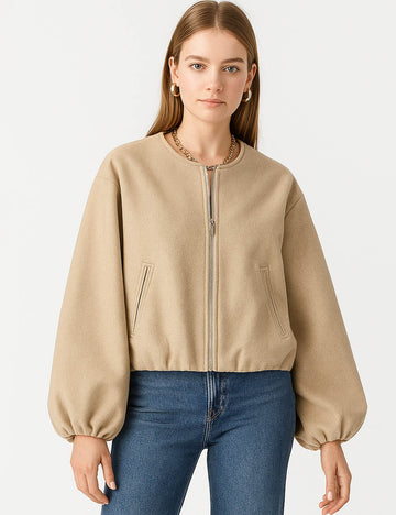 Ladies Round Neck Zipper Front Puff Sleeves Jacket