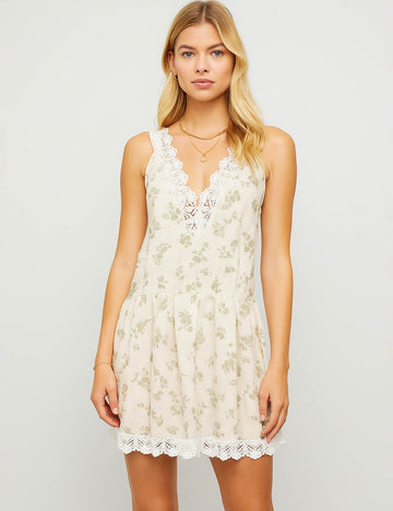 Ladies Floral Embroidery Trim V-Neck Sleeveless Babydoll Mini Dress