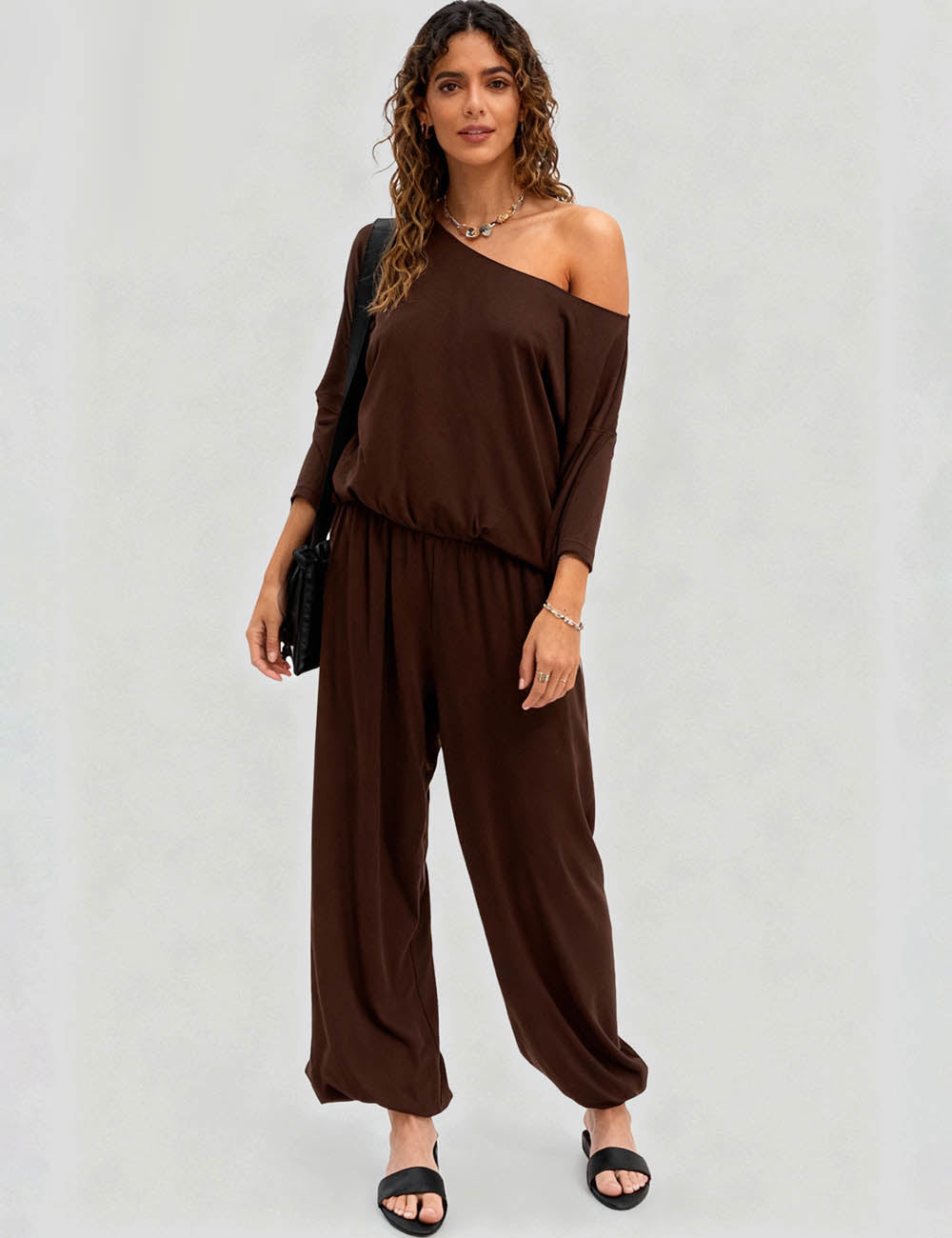 Ladies Solid Color One Shoulder Lantern Leg Top & Pants Set