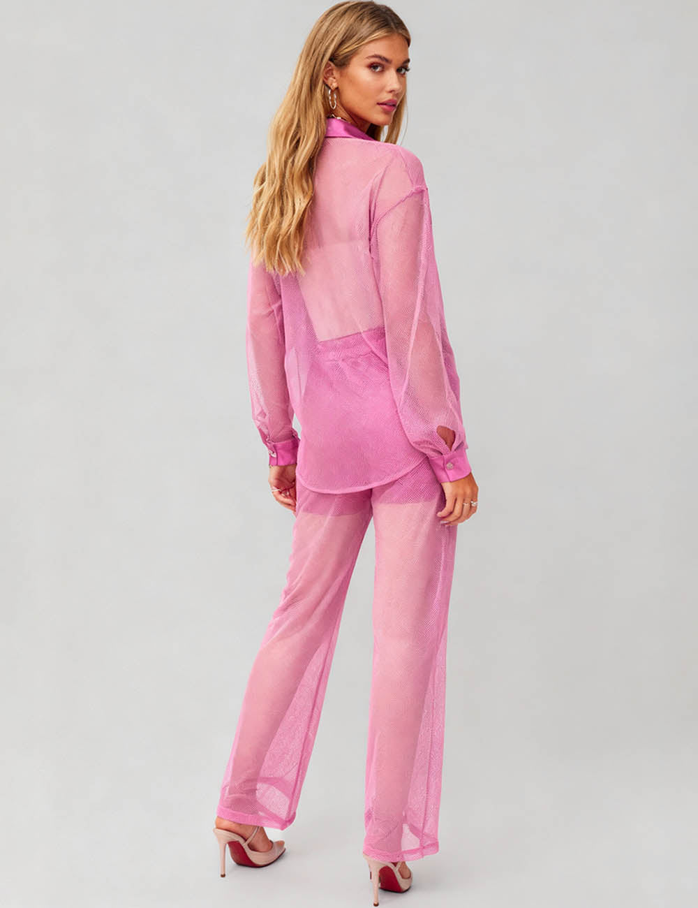 Ladies Mesh Sheer Tie Front Metal Eyelet Shirt & Pants Set