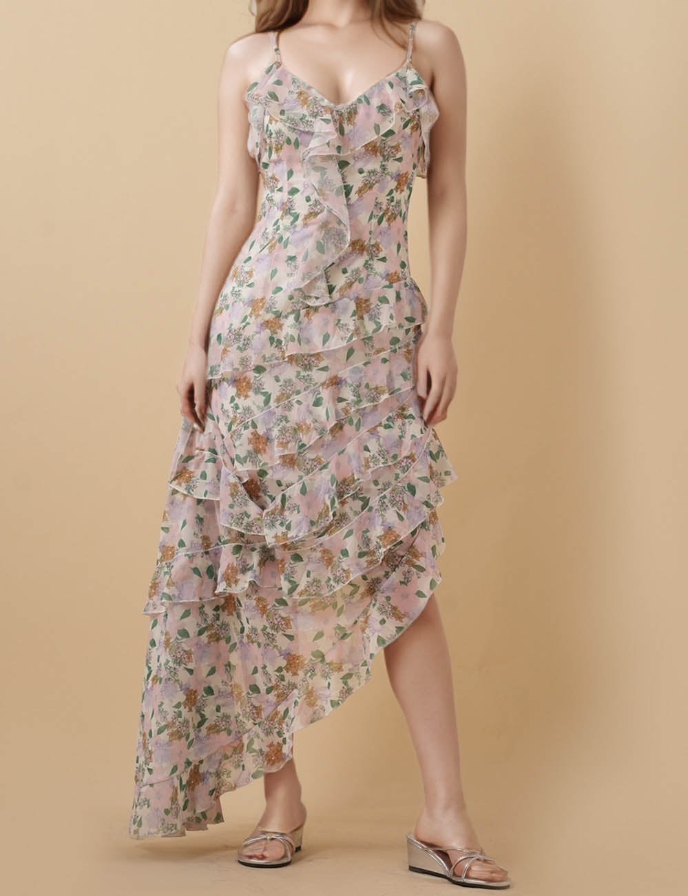 Ladies Floral Print Ruffle String Shoulder Dress 8SKD5M81