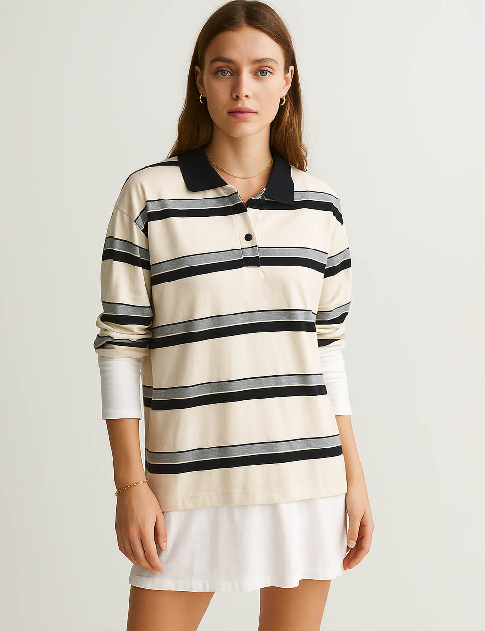 Ladies Color Block Stripe Lapel Pullover Top Everyday Sweatshirt