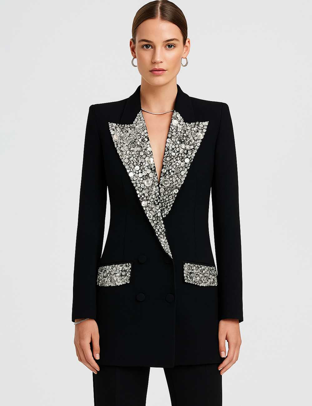 Ladies Rhinestone Peak Lapel Flap Pockets Blazer