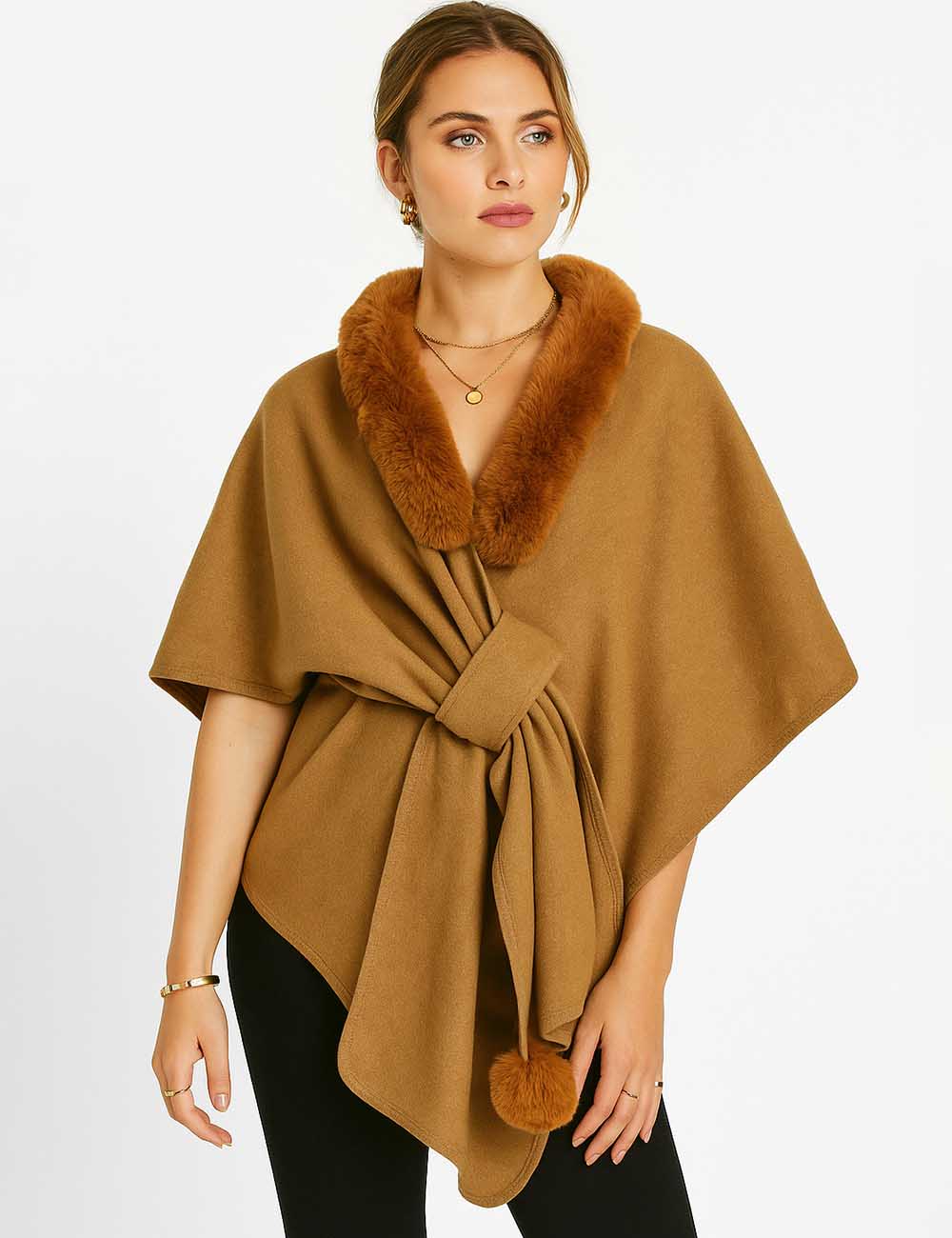 Ladies Faux Fur Collar Wool Blend Cape Cardigan Coat
