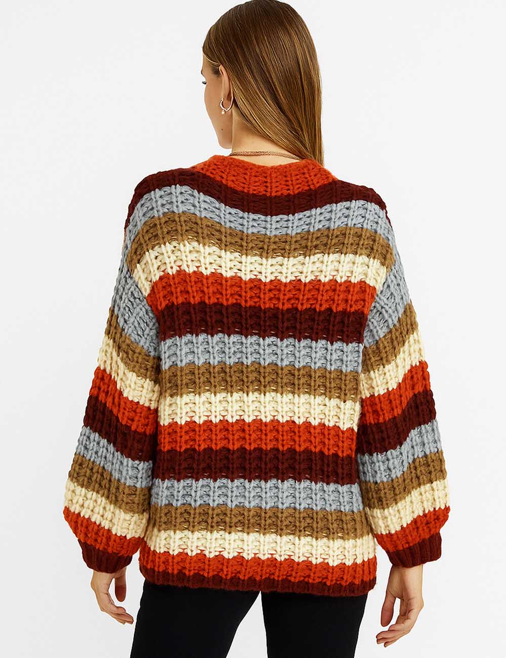 Ladies Chunky Knit Multi Color Striped Open Front Cardigan