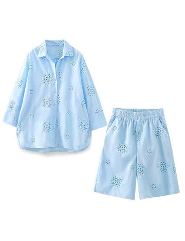 Ladies Solid Color Eyelet Hollow Out  Shirt & Shorts 2PCS Set