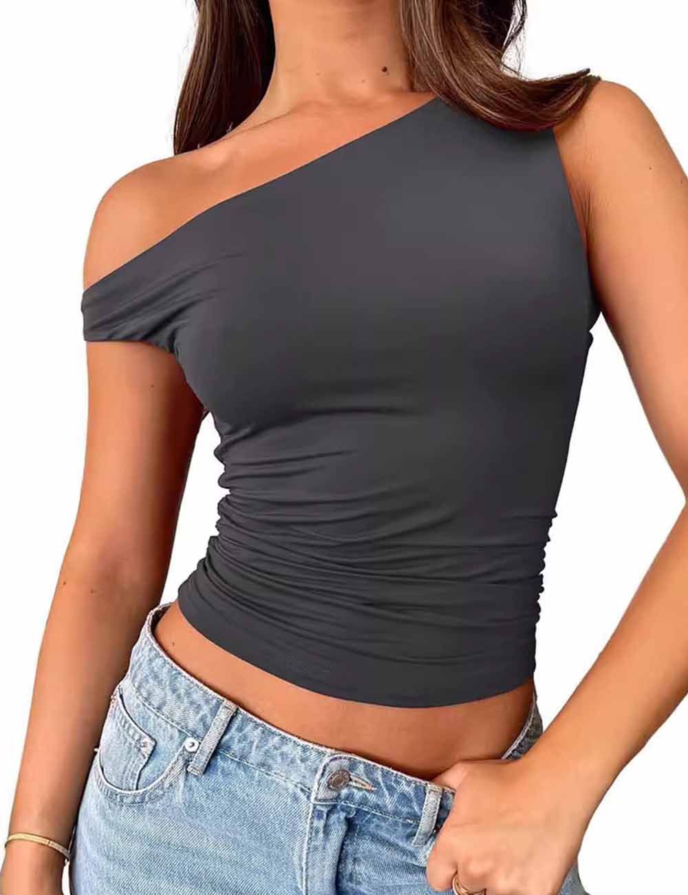 Ladies Solid Color Ruched One Shoulder Short Sleeves Top