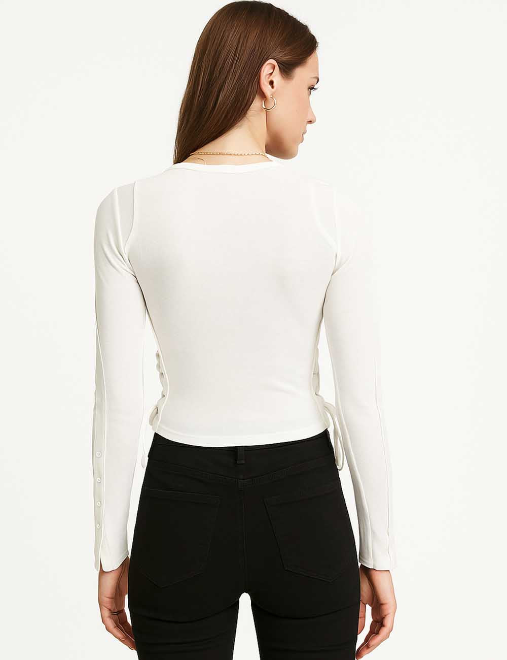Ladies Solid Color Zip Open Side Drawstring Cropped Top