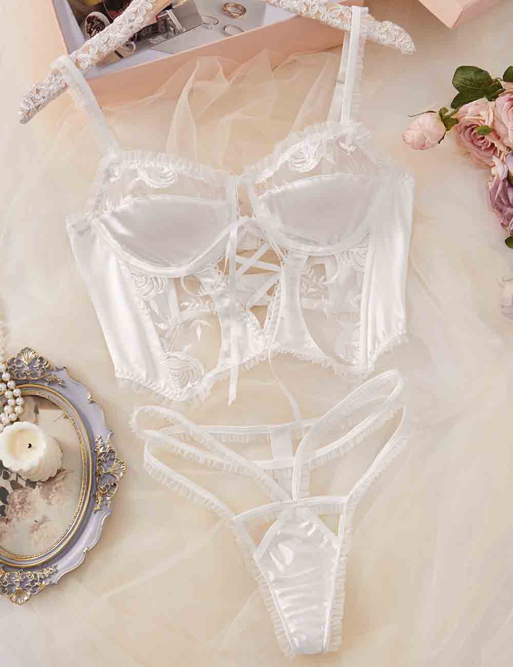 Ladies Floral Embroidery See Through 2PCS Lingerie Set 8HF4256