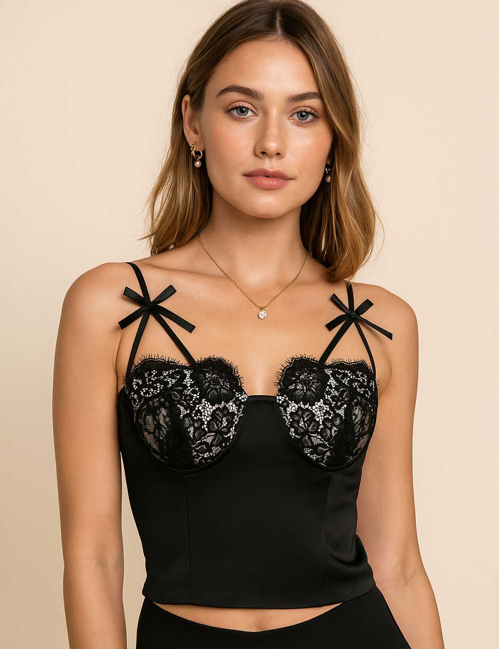 Ladies Embroidery Bow String Shoulder Back Smocked Corest Top