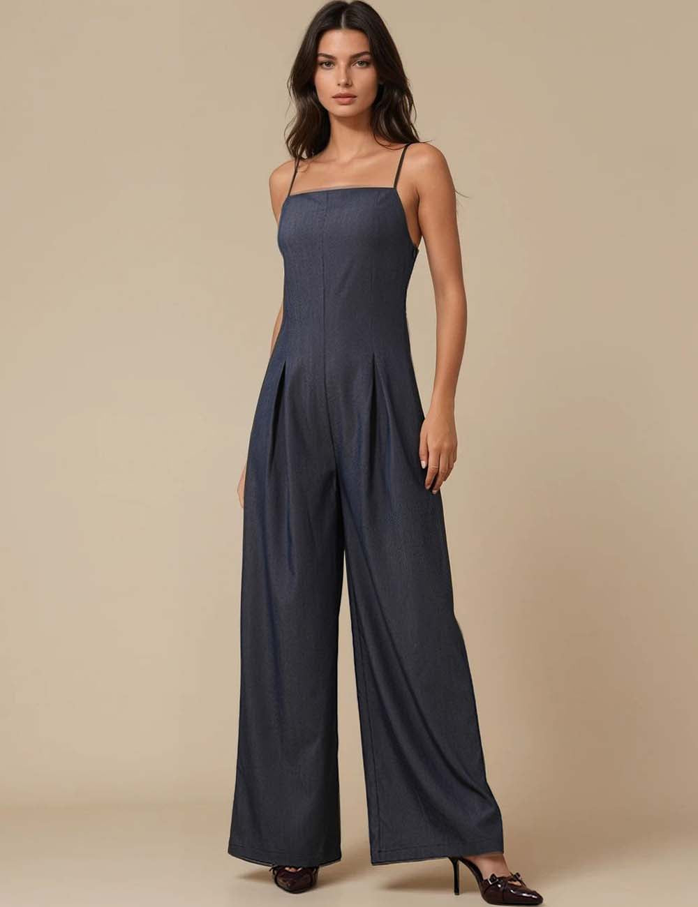 Ladies Square Neck String Shoulder Wide Leg Denim Jumpsuit