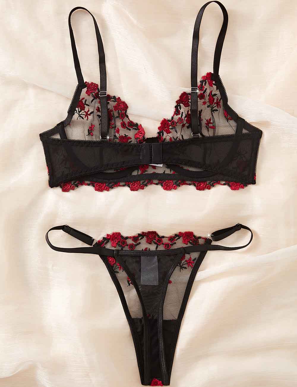 Ladies Sexy Sheer Floral Embroidery Thong 2PCS Lingerie Set