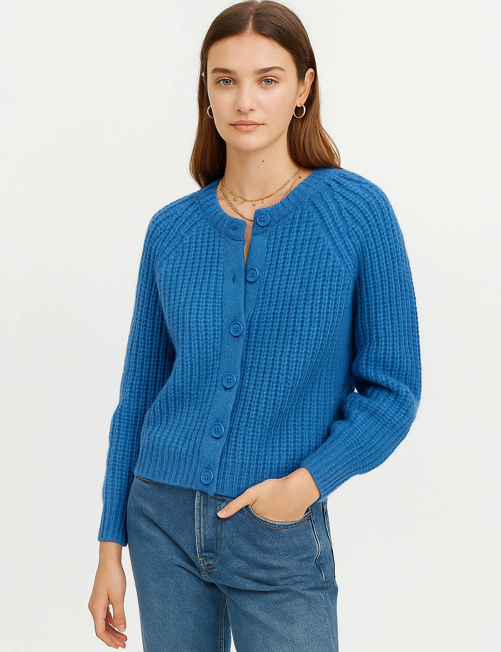 Ladies Solid Color Ribbed Knit Button Front Crop Cardigan