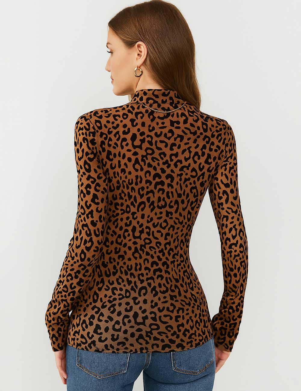 Ladies Mock Collar See Through Leopard Layering Top