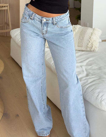 Ladies Button Pocket Straight Leg Denim Pants