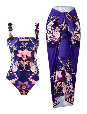 Ladies Floral Print One Piece Swimwear with Salong SKSW40304