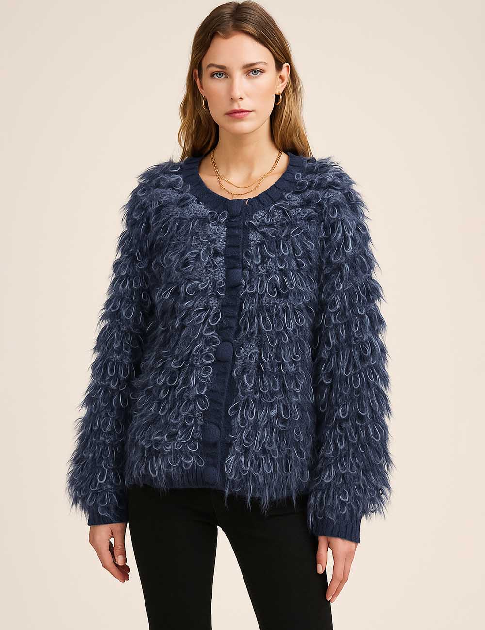 Ladies Loop Yarn Knit Round Neck Button Front Cardigan