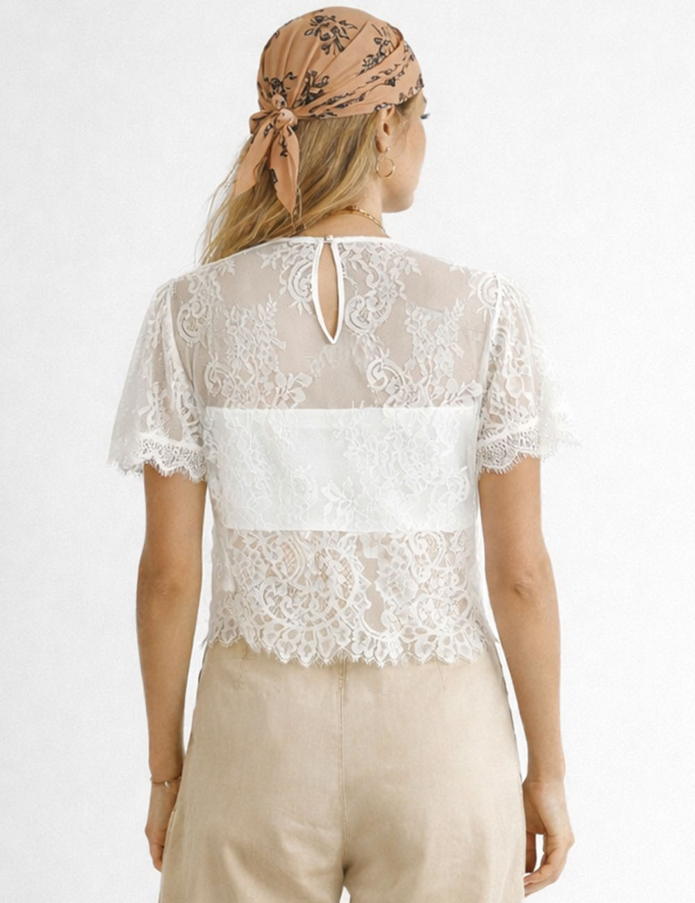 Ladies Romantic Sheer Lace Embroidery Scalloped Hem Crop Top