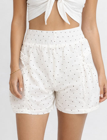 Ladies Polka Dot Elastic Waist Pleated Gathered Bubble Shorts