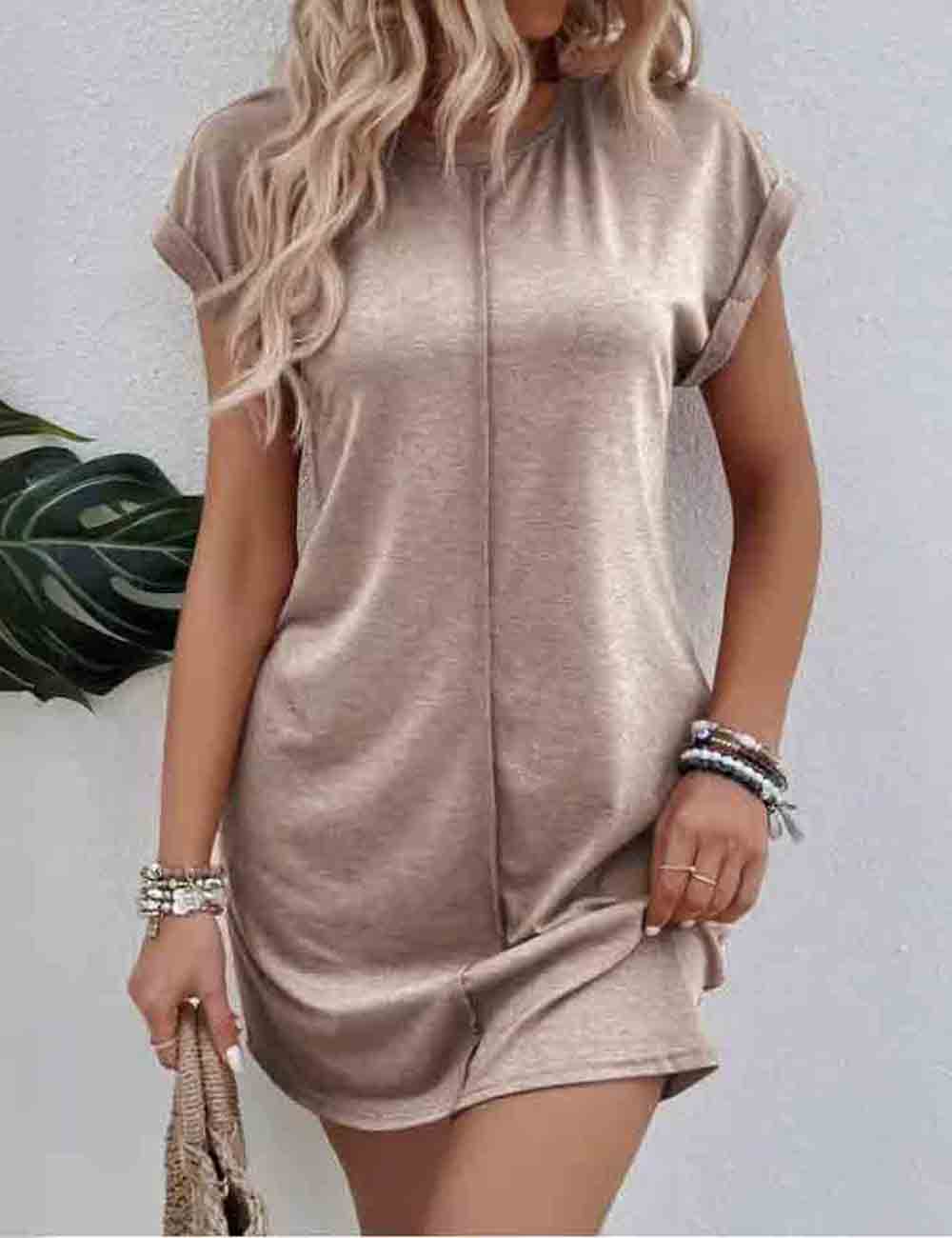 Ladies Solid Color Short Sleeves Everyday Mini Dress SKD51237